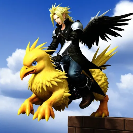 Prompt: Draw me a picture of Sephiroth as a chocobo being ridden by Cloud Strife.