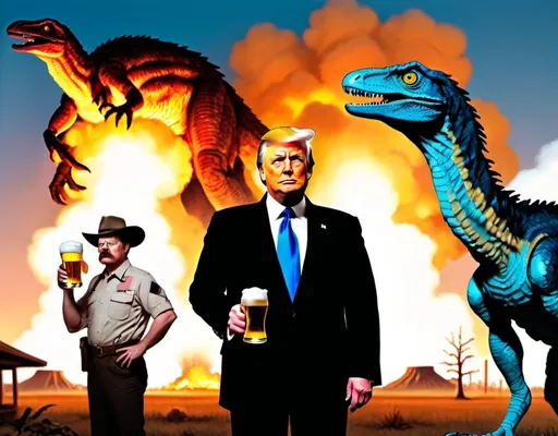 Prompt: Trump, Ron Swanson, and Teddy Roosevelt Team up against and army of cybernetically enhanced velociraptors while sharing a beer with the boys. Nuclear explosion in the background.
