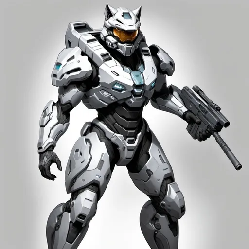 Prompt: Draw me a futuristic warrior in the Halo style wielding a futuristic assault rifle, He's wearing with grey and white armor color scheme, and wolf style detailing on the armor.