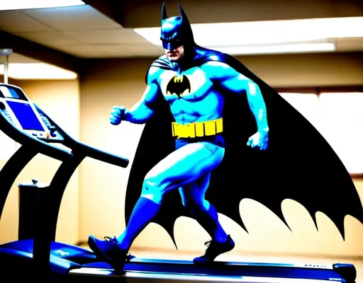 Prompt: Out-of-shape Batman running on treadmill.