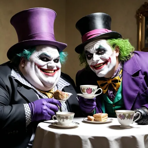 Prompt: Draw me a picture of a morbidly obese Batman and Jocker laughing while having a tea party that the Mad Hatter decided to host.