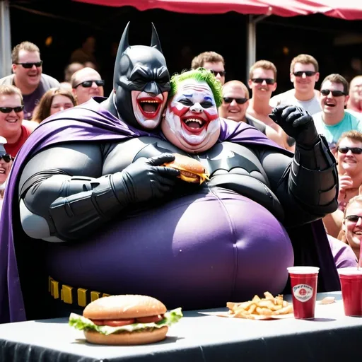 Prompt: Draw me a picture of a morbidly obese Batman and Jocker laughing while in a burger eating contest. While the crowd looks on in total awe.