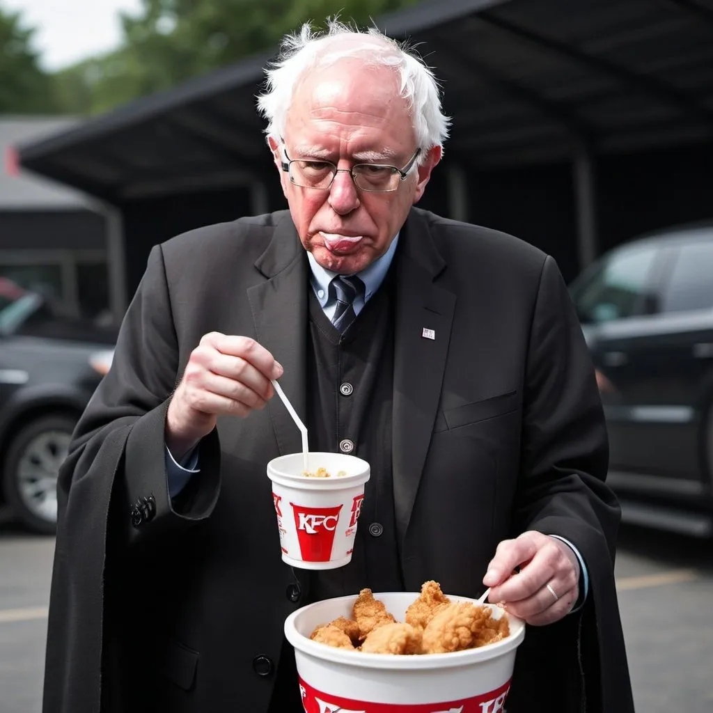 Prompt: Bernie Sanders as a dark lord of the Sith eating a bucket of KFC.
