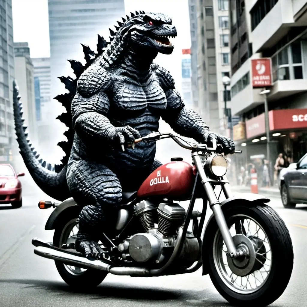 Prompt: Godzilla riding a motorcycle.