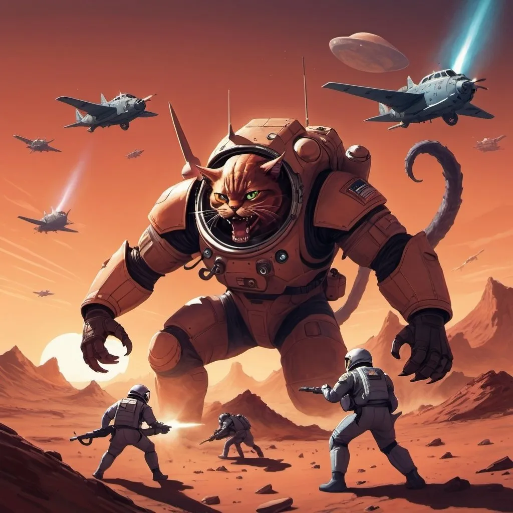 Prompt: Draw me a picture of a Helldiver army fighting a Giant cat monster from space, at sunset on the red planet.