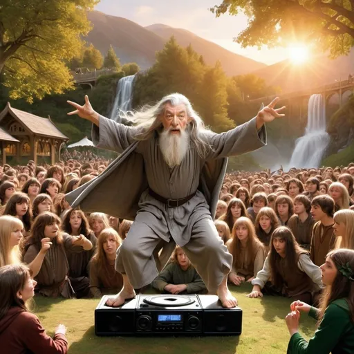 Prompt: Draw me a picture of Gandalf doing an epic breakdance in the middle of Rivendell with a boombox and crowd of elves watching at sunset.