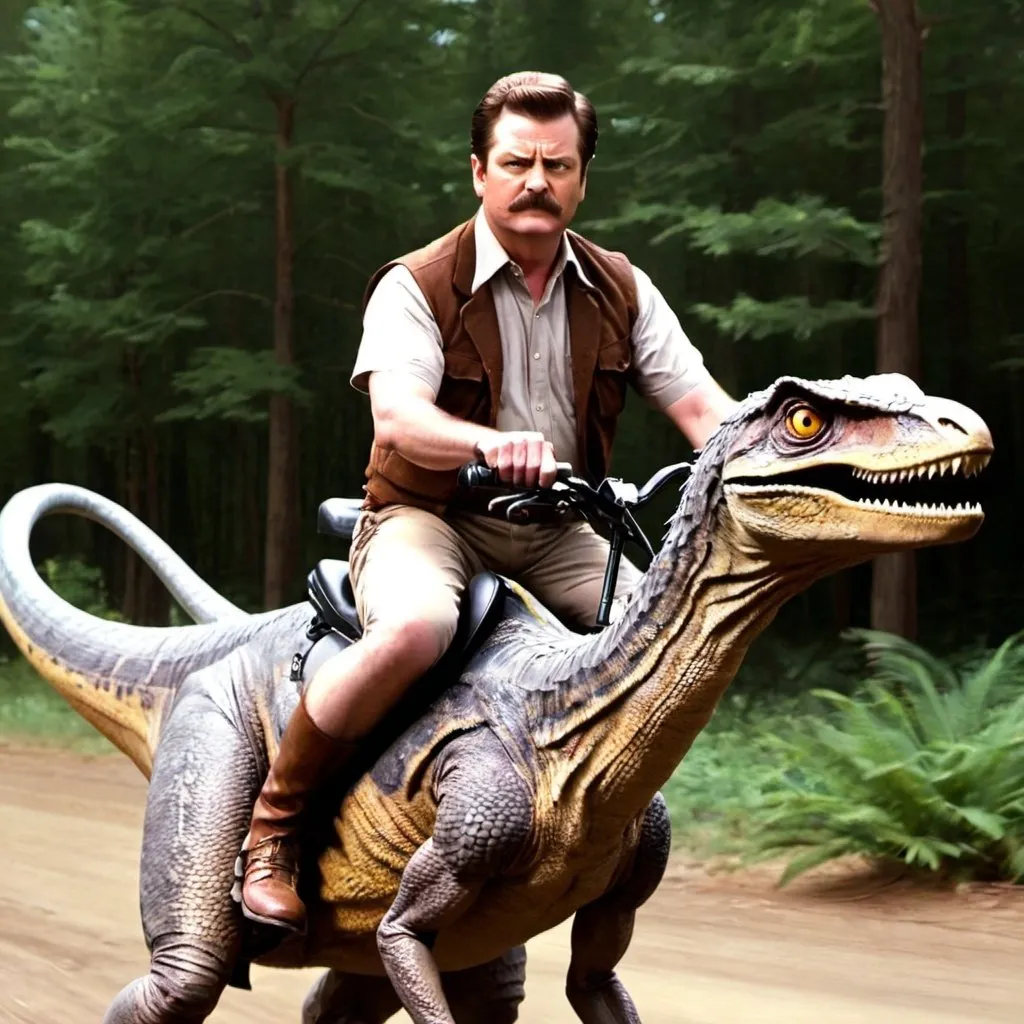 Prompt: Ron Swanson riding a velociraptor.