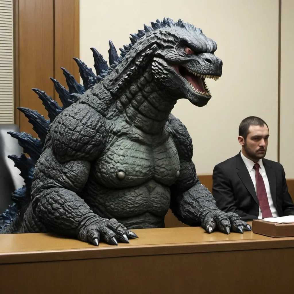 Prompt: Godzilla on trial for his crimes.