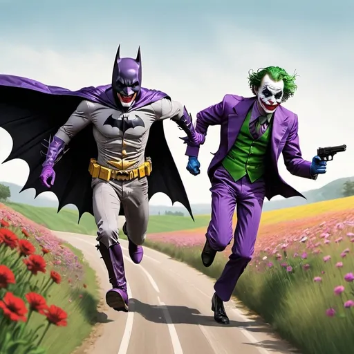 Prompt: Draw me a picture of Batman and Joker chasing each other through the rolling hills with flowers and trees, Joker has a gun and Batman is running from Joker.