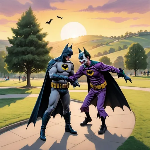 Prompt: Draw me a picture of Batman and Joker playing tag in the park as the sun is setting. There are 2 trees and rolling hills in the background. There are also children at play in background.