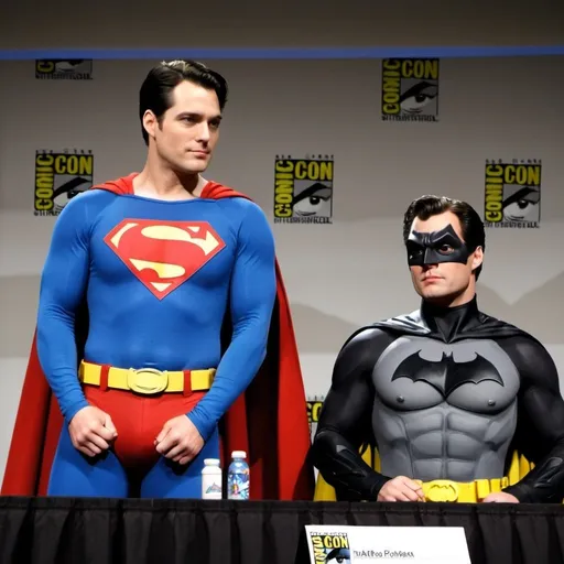 Prompt: Draw me a picture of Superman cosplaying as Batman and Batman cosplaying as super man while being interviewed at a Comic-Con Panel.