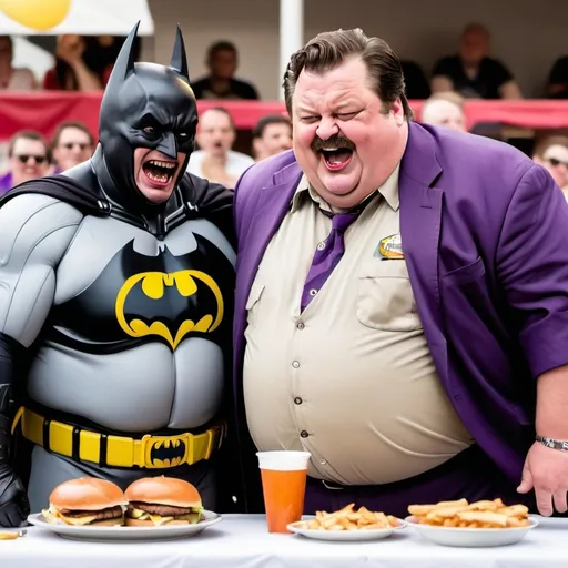 Prompt: Draw me a picture of a morbidly obese Batman and Jocker laughing while in a burger eating contest. Ron Swanson is refereeing the event in referee attire with a wide-eyed expression on his face.