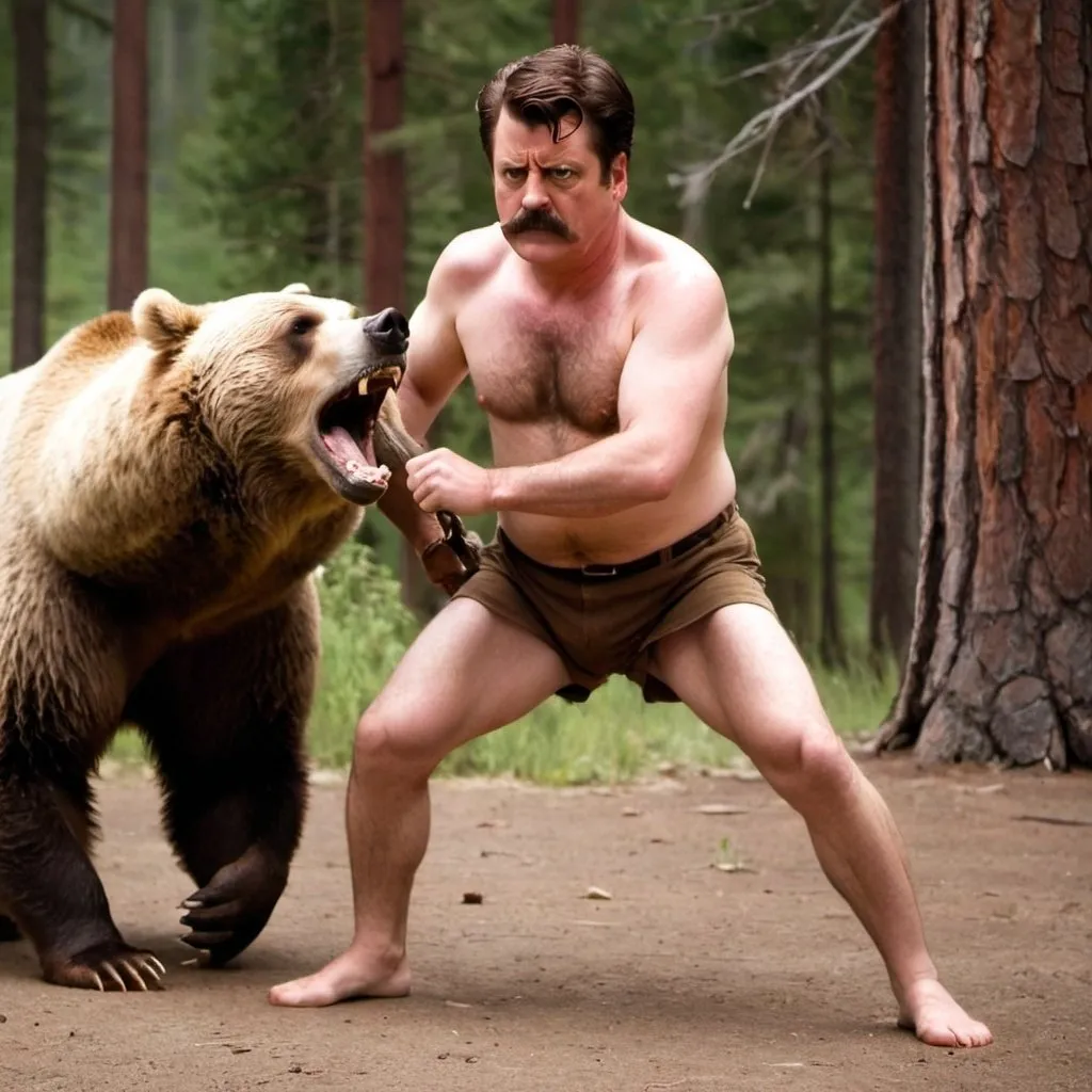 Prompt: Ron Swanson fighting a bear with no shirt on.