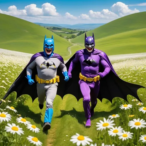 Prompt: Draw me a picture of Batman and Joker skipping happily through a field of daisies as they sun from Teletubbies sets in the sky over the rolling green hills.