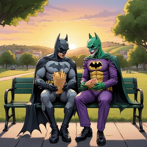 Prompt: Draw me a picture of Batman and Joker sitting on a park bench sharing a hoagie while the sun is setting. There are flowers in the foreground and and rolling hills in the background.