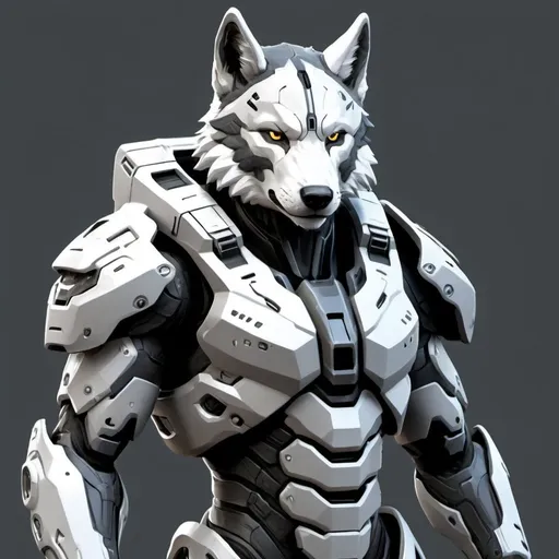 Prompt: Draw me a futuristic warrior in the Halo style with grey and white armor color scheme, and wolf style detailing on the armor. Have him wielding a futuristic assault rifle.
