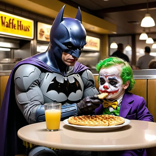 Prompt: Draw me a picture of Batman feeding a fat baby joker waffles at a Waffle House at 3AM, while there are thugs eating in the other booths. 
