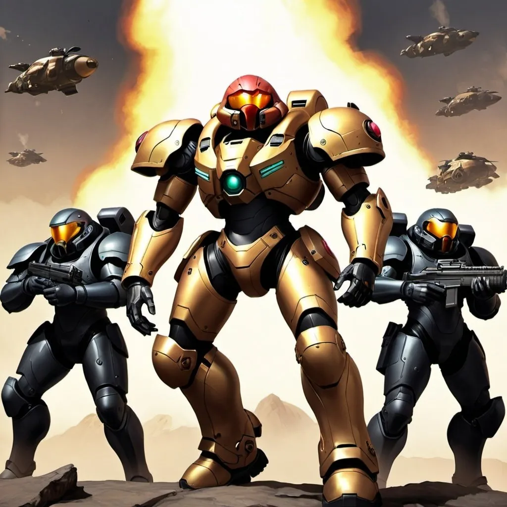 Prompt: Draw me a picture of Samus Aran doing a photo op with a squad of Helldivers from Helldivers 2.