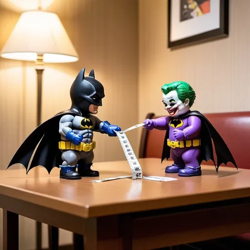 Prompt: Draw me a picture of Batman and Joker as little people fighting over a measuring tape, on top of a table in a hotel room.