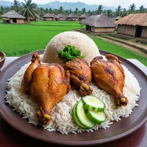 Prompt: big fride chicken with vegitable rice rice in the table with village vibe
