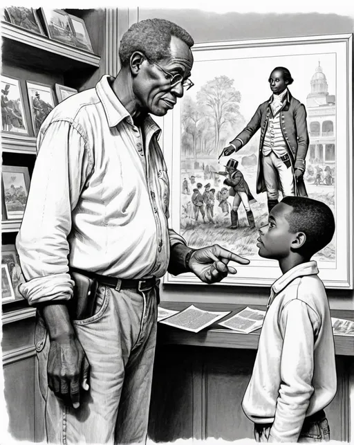 Prompt: Detailed black and white pen and ink illustration of sixty year old dressed in casual clothing explaining a museum exhibit about the American Revolution to a ten year old African American boy.