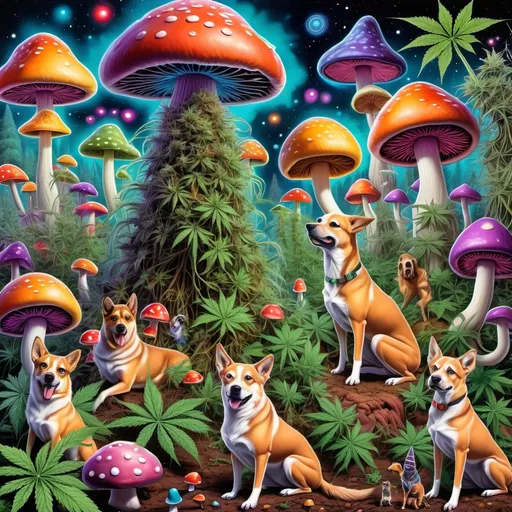 Prompt: Cannabis plants everywhere very colorful with dogs sitting on Psychadelic mushrooms everywhere while aliens wolfves elves and santa clause are eating Psychadelics and mushrooms with a blunts in there mouths