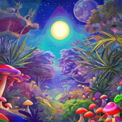 Prompt: vibrant surreal illustration of animals surrounded by (colorful mushrooms), (colorful cannabis plants and leaves), a radiant (earth), shining (sun), twinkling (moon) and (stars), infused with a sense of (love), hallucinations of (LSD) and (DMT), full of vibrant colors and (fantastical elements), dreamlike atmosphere, high detail, magical realism, ultra-detailed composition.