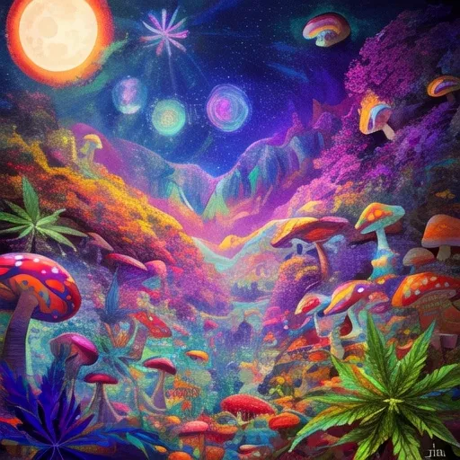 Prompt: vibrant surreal illustration of animals surrounded by (colorful mushrooms), (colorful cannabis plants and leaves), a radiant (earth), shining (sun), twinkling (moon) and (stars), infused with a sense of (love), hallucinations of (LSD) and (DMT), full of vibrant colors and (fantastical elements), dreamlike atmosphere, high detail, magical realism, ultra-detailed composition.