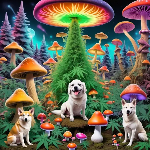 Prompt: Cannabis plants everywhere very colorful with dogs sitting on Psychadelic mushrooms everywhere while aliens wolfves elves and santa clause are eating Psychadelics and mushrooms with a blunts in there mouths