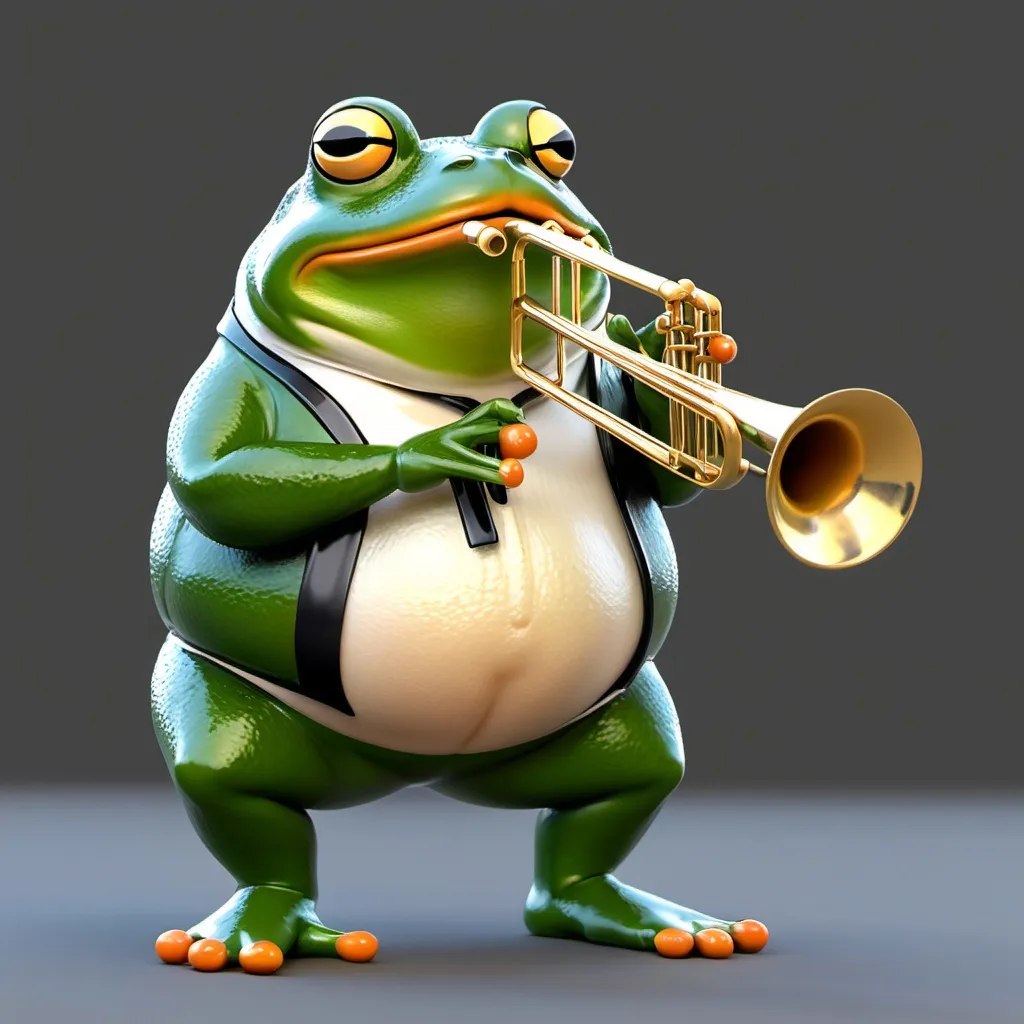 Prompt: Fat frog playing a small trombone