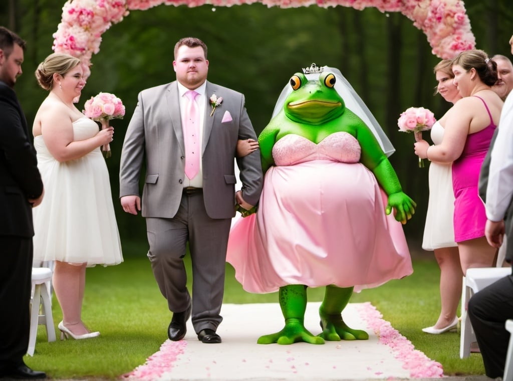 Prompt: Fat man getting married to fat frog in pink wedding dress walking down aisle