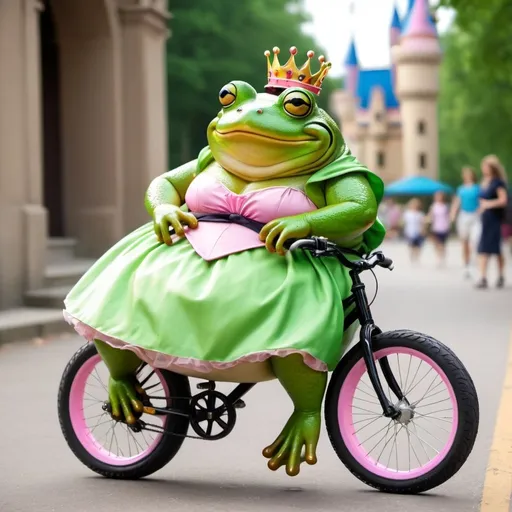 Prompt: Fat frog riding bike in princess dress