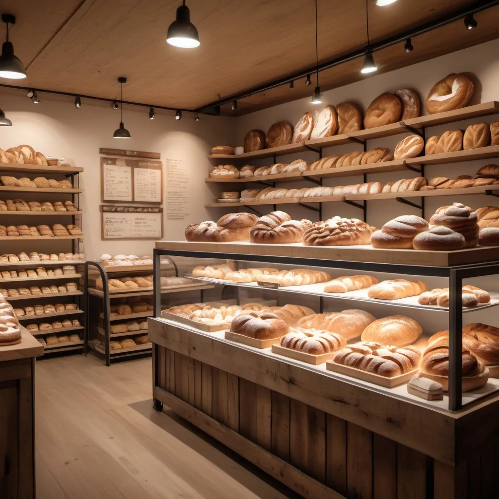 Prompt: bakery, cozy atmosphere, warm light tones, inviting scene, white and light brown color palette, delightful baked goods on display, rustic wooden shelving, flour dust in the air, softly lit interior, tantalizing desserts, customers enjoying their treats, fresh bread cooling on racks, high quality, ultra-detailed, inviting and cheerful ambiance.