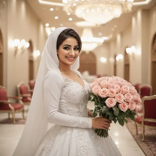 Prompt: saudi woman in bridal gown, beautiful smiling face, wedding hall, roses bouquet