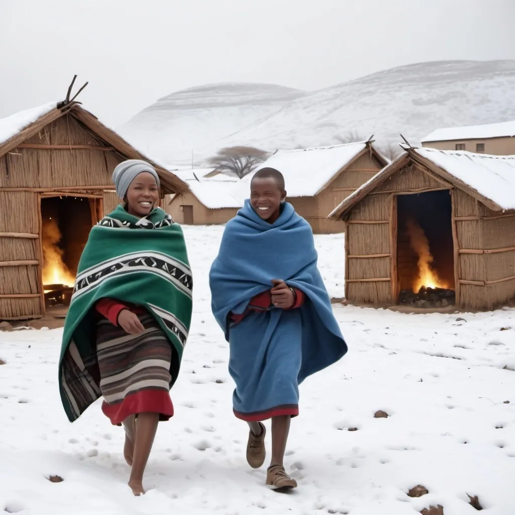 Prompt: An African couple wearing Lesotho traditional blankets in Lesotho with snow falling next a community shelter huts with a fire in the yard, make it an active community with kids running around
4K resolution, Realistic picture