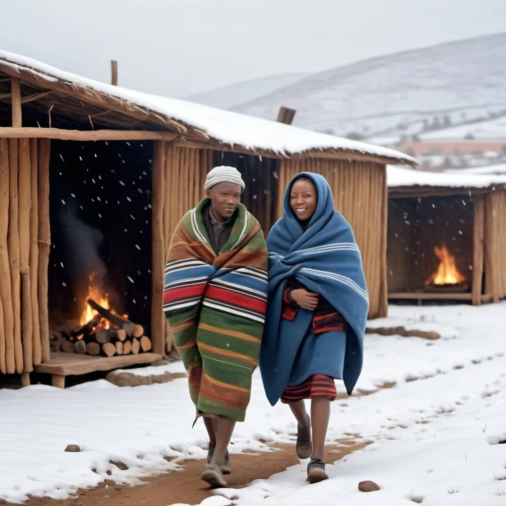 Prompt: Longing to be together an African couple wearing Lesotho traditional blankets in Lesotho with snow falling next a community shelter huts with a fire in the yard, make it an active community with kids running around
4K resolution, Realistic picture