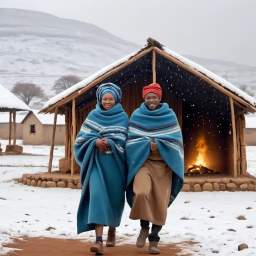 Prompt: Longing to be together an African couple wearing Lesotho traditional blankets in Lesotho with snow falling next a community shelter huts with a fire in the yard, make it an active community with kids running around
4K resolution, Realistic picture