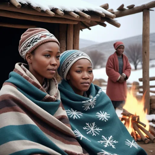 Prompt: (African couple wearing Lesotho traditional blankets) longing to be together, snow falling, (community shelter huts) with a fire in the yard, active community, kids running around, in Lesotho, photorealistic, HD quality, 4K resolution, muted colors with cool tones, heartwarming and nostalgic atmosphere, detailed facial expressions showing longing and warmth, intricate textures on traditional blankets, softly lit scene highlighting snowflakes, detailed background with cultural elements, ultra-detailed and sharp imagery.