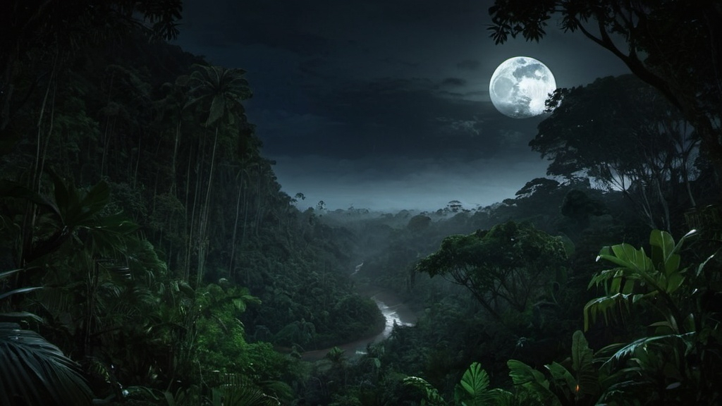 Prompt: Beautiful Rainforest jungle at night dark and wet. Wide view with moon rising