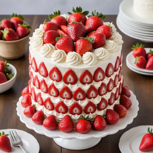 Prompt: Imagine a luscious cake with layers of moist vanilla sponge, generously filled with creamy whipped cream frosting infused with fresh strawberry puree. The cake is adorned with vibrant slices of ripe strawberries arranged meticulously on top, forming a beautiful pattern. The sides of the cake are coated in more fluffy whipped cream, with delicate swirls and rosettes decorating its surface. Perhaps there are a few whole strawberries strategically placed as a delightful finishing touch. The sight of this strawberry cake is not just visually appealing but promises a burst of fruity sweetness with every bite.



