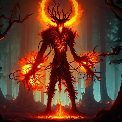 Prompt: Tall treant with a large fire inside his chest with mechanical sheers on his right hand in a forest under a blood moon 