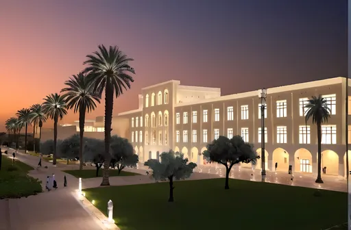 Prompt: Create for me the building of Education College at Sultan Qaboos University with students walking around the campus.
