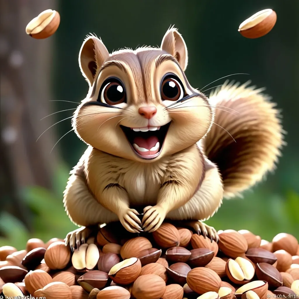 Prompt: a happy chipmunk jumping on a pile of nuts