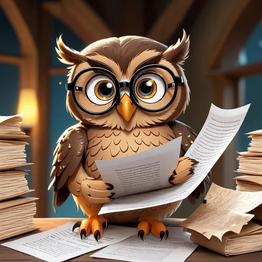 Prompt: cute owl wearing spectacles reading through many pieces of paper