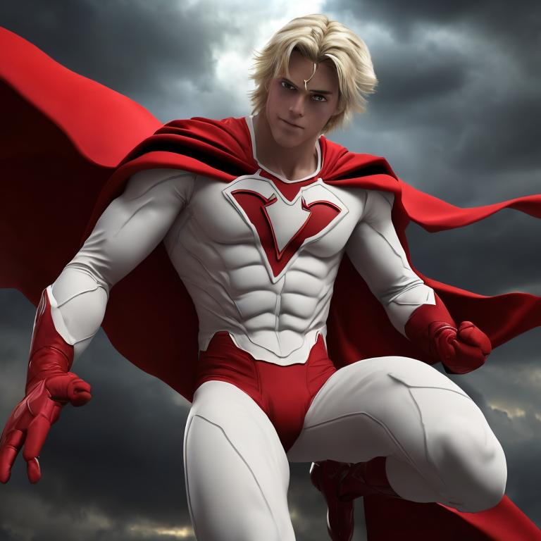 Prompt: A superhero wearing a red and white costume with a V on his chest 
is shown in the image. He has blonde hair, 
and he's posing for a picture while holding out his arms. 
The background features a cloudy sky, 
giving an impression of a dynamic scene where the hero might be flying or preparing to save the day.