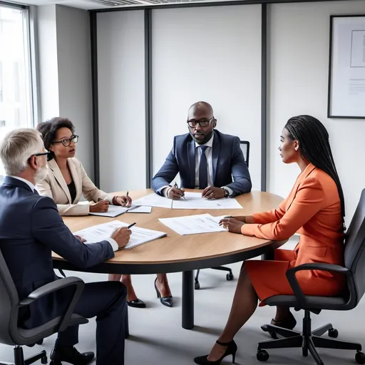 Prompt: create image of an adjudication meeting between the employer, contractor and adjudicator working under the NEC3 contract. They are meeting in the boardroom and all three are seated around the table and are of different races