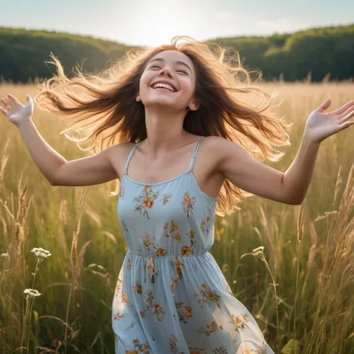 Prompt: A young girl stands in a sunlit field, surrounded by tall grass and wildflowers. She is wearing a light, summery dress that gently sways in the breeze. Her hair is long and flowing, catching the golden rays of the sun. She looks happy and carefree, with a bright smile on her face and her arms outstretched as if embracing the warmth and beauty of the day. The background features a clear blue sky with a few fluffy clouds, adding to the serene and joyful atmosphere.