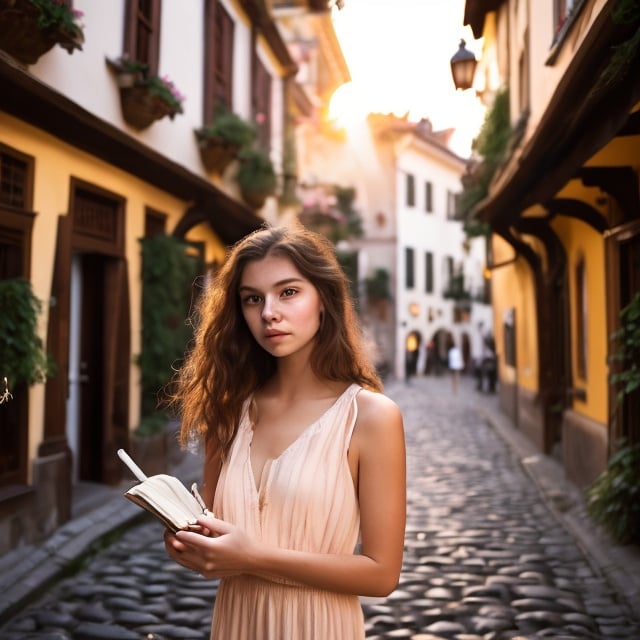 Prompt: A young woman stands on a quiet, cobblestone street in an old town, bathed in the soft glow of the setting sun. She is wearing a flowing, knee-length summer dress in a pastel shade, which moves gently with the breeze. Her long, wavy hair cascades down her back, catching the light and creating a halo effect. She holds a small, leather-bound journal in one hand and a pen in the other. Her expression is thoughtful and serene, as if she is lost in her own world. The background features charming, historic buildings with ivy-clad walls and blooming flower boxes in the windows, adding to the picturesque, timeless atmosphere