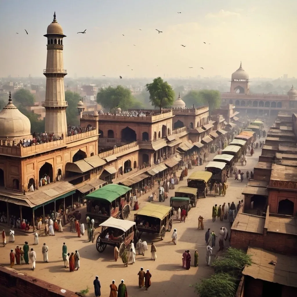 Prompt: Old Delhi in the 1700s. Completely historical, with the flora and fauna matching modern-day Delhi. People should be visible wearing historical attire.