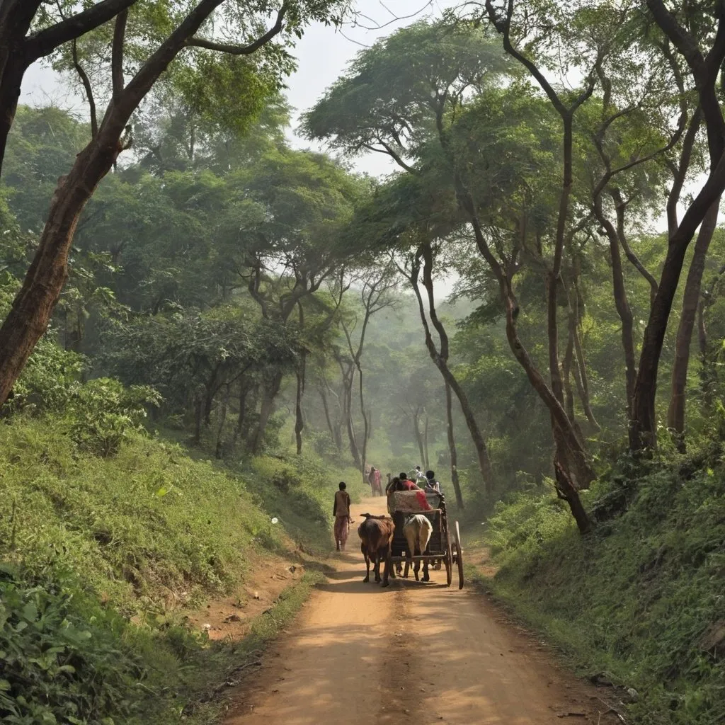 Prompt: The dense forests of the Chota Nagpur plateau. Travellers in the 1700s are afraid of bandits along the way, so they huddle together for safety. The clothes of the travellers should be simple, cotton clothes. The only mode of transport should be ox-driven carts.